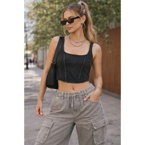 Dark Wash Faux Denim Corset Tank Top Square Neck Curved Hem Stretch Juniors Sz M